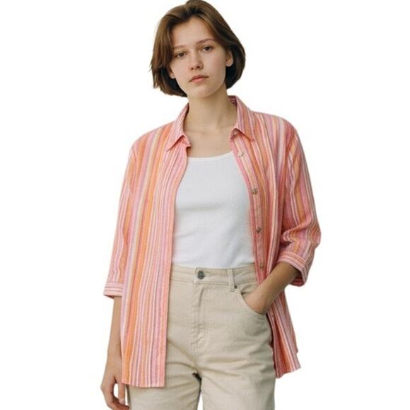 J.H. Collectibles Striped Blouse 💛🧡🩷 Medium 3/4 Sleeve Lightweight - Picture 1 of 13